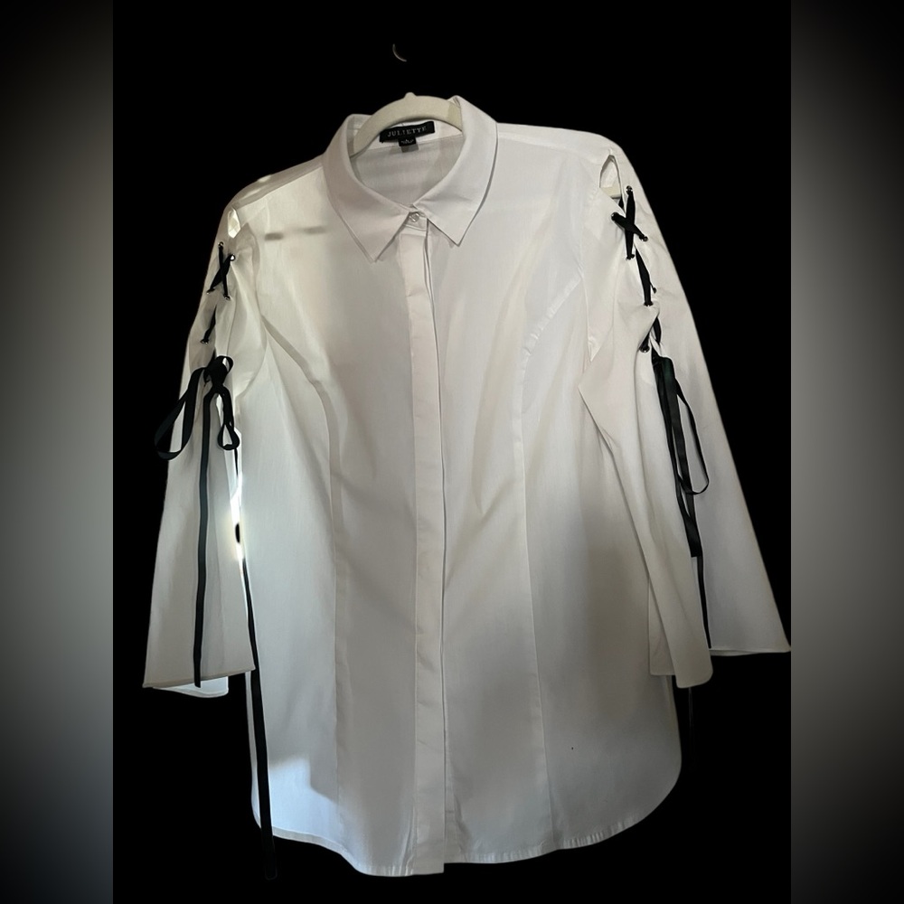 Juliette white button down with black ribbon tie on arms